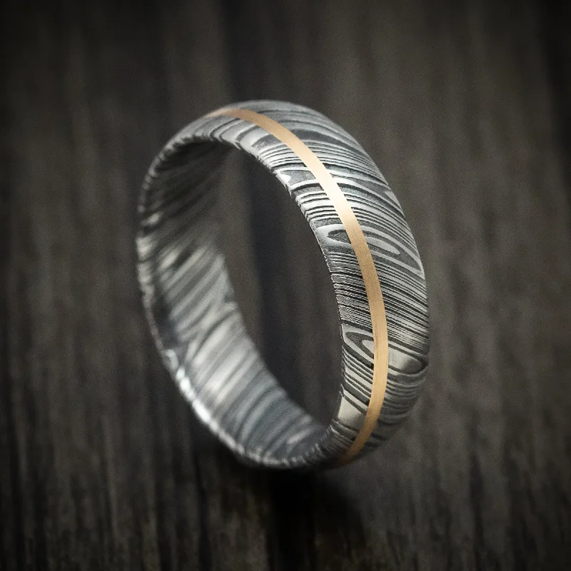 Sisal wrap ring-Kuro Damascus Steel Men's Ring And 14k Gold Wedding Band Genuine Craftsmanship Custom Made