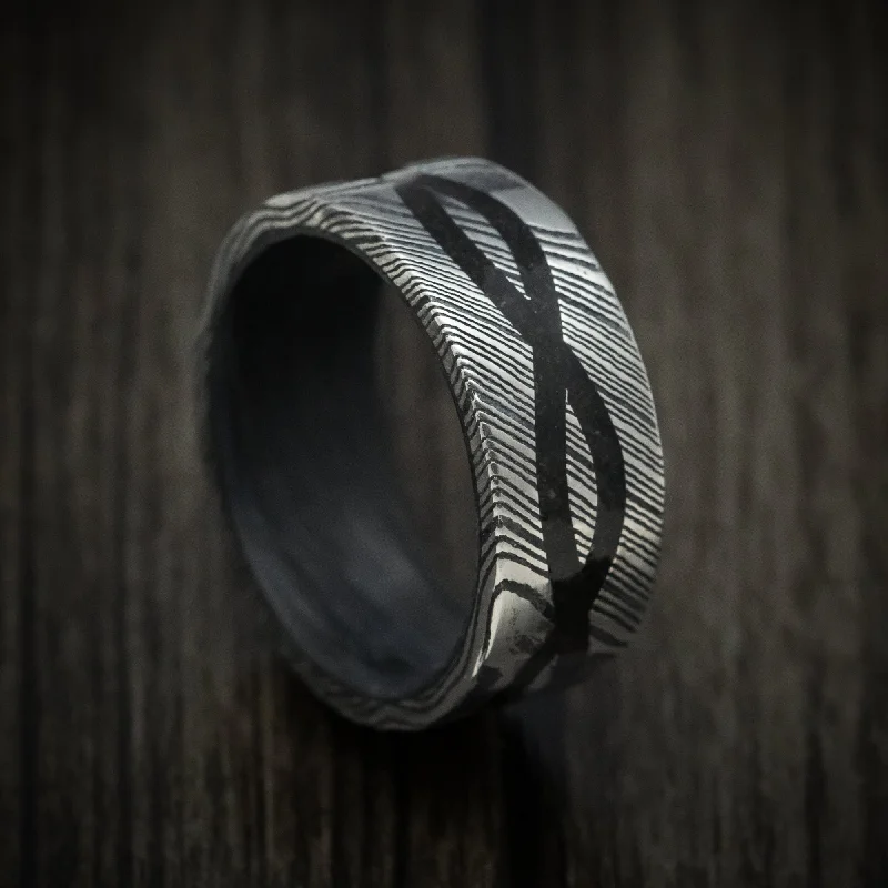 Pinned design ring-Kuro Damascus Steel Men's Ring with Infinity Dinosaur Bone Inlay and Forged Carbon Fiber Sleeve