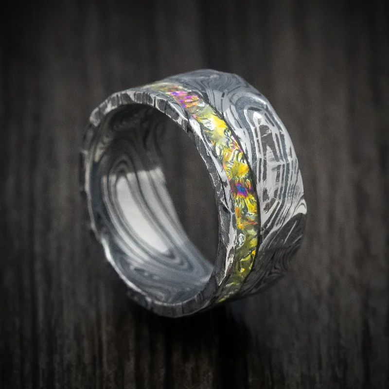 Brass cast ring-Marble Kuro Damascus Steel and Dichrolam Inlay Men's Ring Custom Made Band