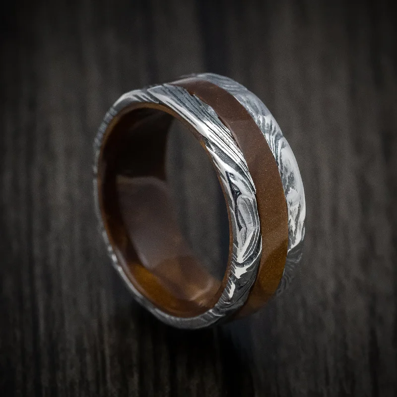 Stamped pattern ring-Marble Kuro Damascus Steel and Juma Sleeve and Inlay Men's Ring Custom Made Band