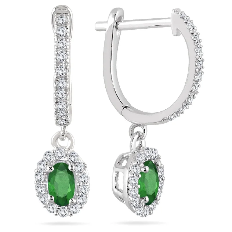 Frosted glass earrings-Marquee 1/2 Carat Emerald and Diamond Halo Dangle Earrings in 10K White Gold