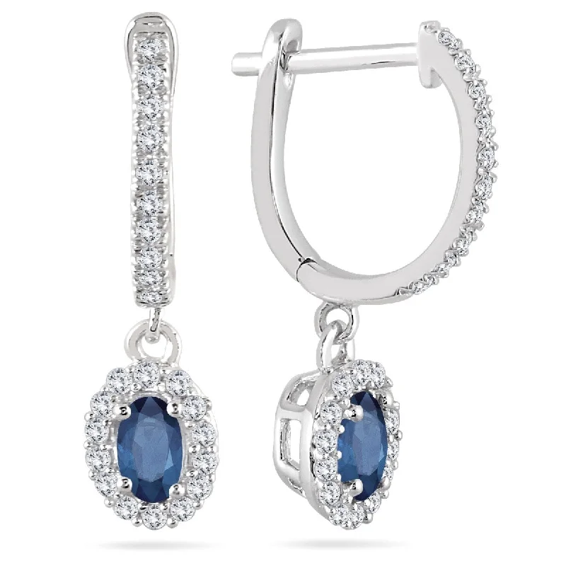 Ragged edge earrings-Marquee 1/2 Carat Sapphire and Diamond Halo Dangle Earrings in 10K White Gold