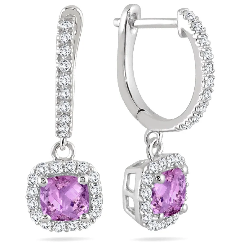 Trefoil knot earrings-Marquee 1 Carat Amethyst and Diamond Halo Dangle Earrings in 10K White Gold