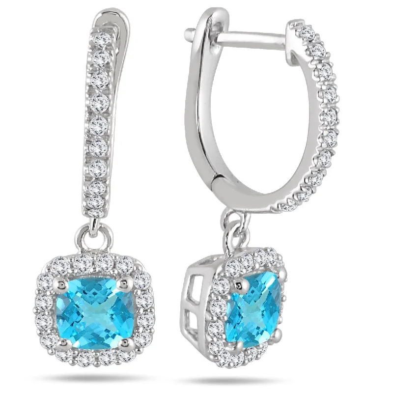 Textured rib earrings-Marquee 1 Carat Blue Topaz and Diamond Halo Dangle Earrings in 10K White Gold