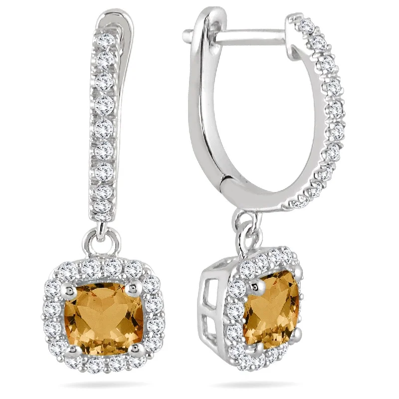 Curved metal earrings-Marquee 1 Carat Citrine and Diamond Halo Dangle Earrings in 10K White Gold