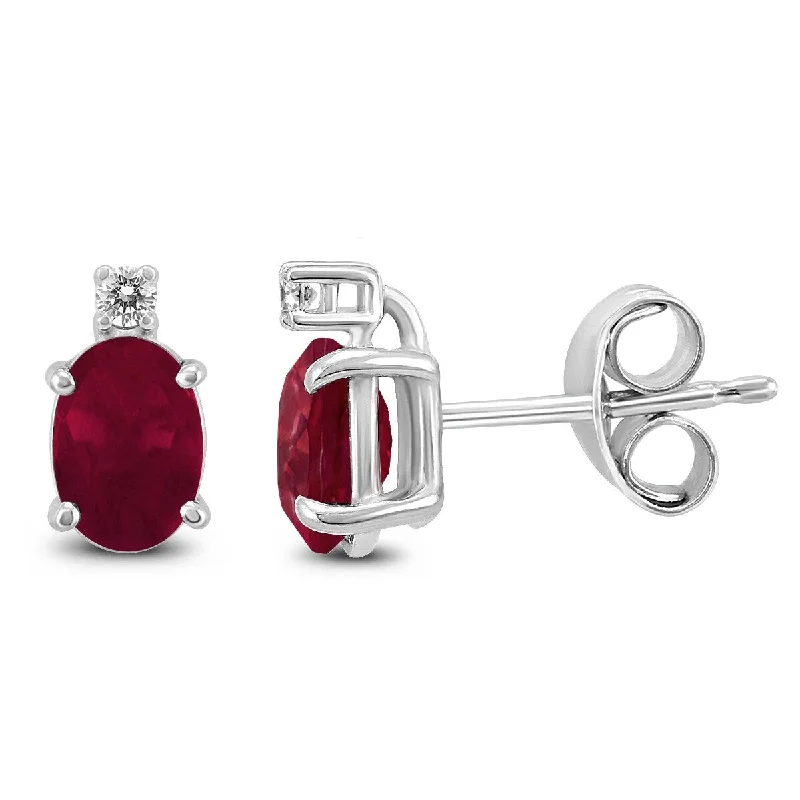 Slotted design earrings-Marquee 14K White Gold 5x3MM Oval Ruby and Diamond Earrings