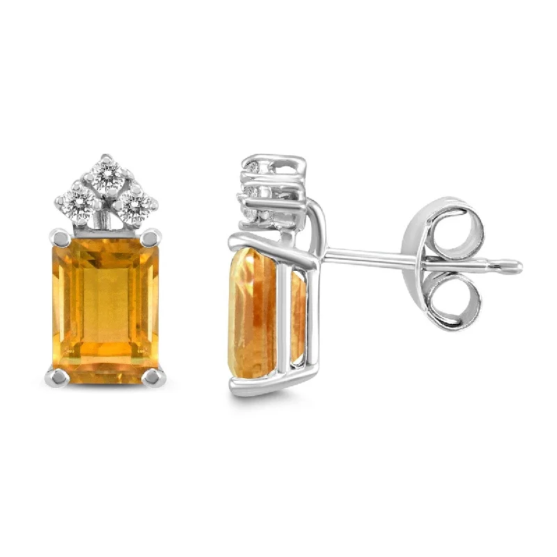 Scarlet topaz earrings-Marquee 14K White Gold 6x4MM Emerald Shaped Citrine and Diamond Earrings