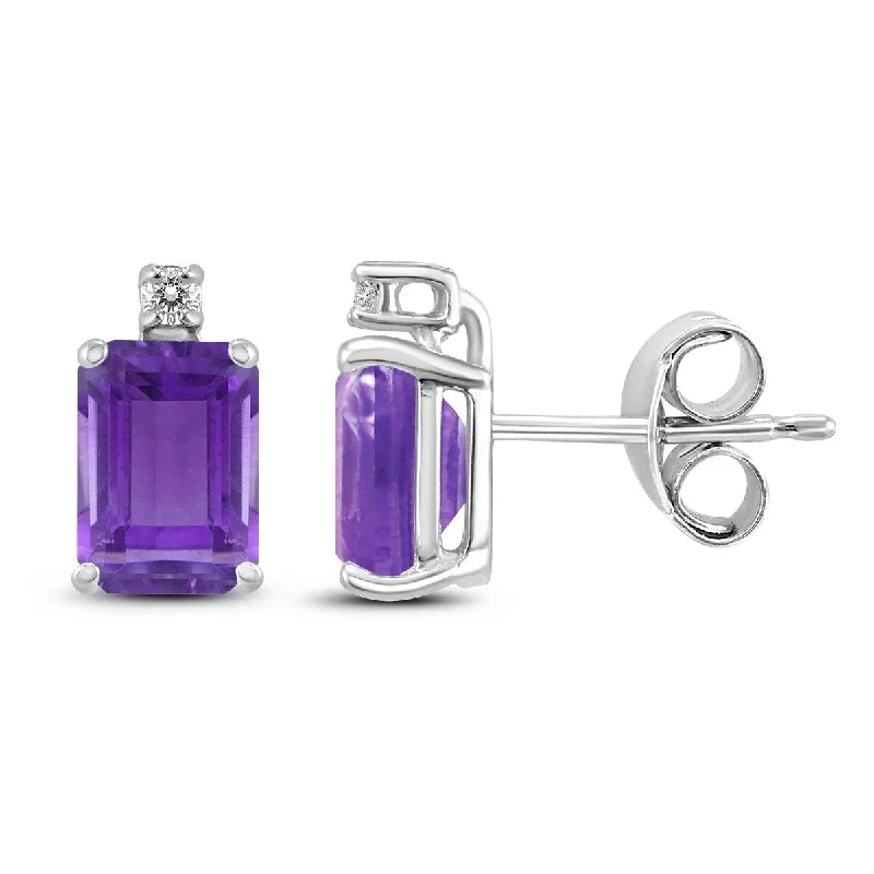 Gill slit earrings-Marquee 14K White Gold 7x5MM Emerald Shaped Amethyst and Diamond Earrings