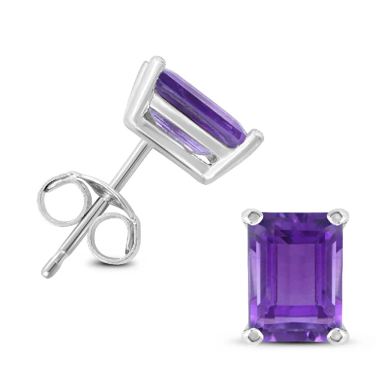 Embossed bar earrings-Marquee 14K White Gold 7x5MM Emerald Shaped Amethyst Earrings