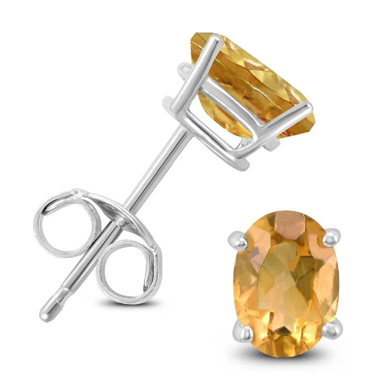 Crowned gem earrings-Marquee 14K White Gold 8x6MM Oval Citrine Earrings