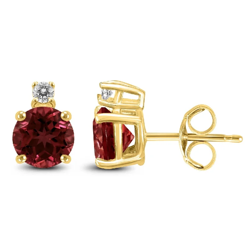 Chipped bark earrings-Marquee 14K Yellow Gold 5MM Round Garnet and Diamond Earrings