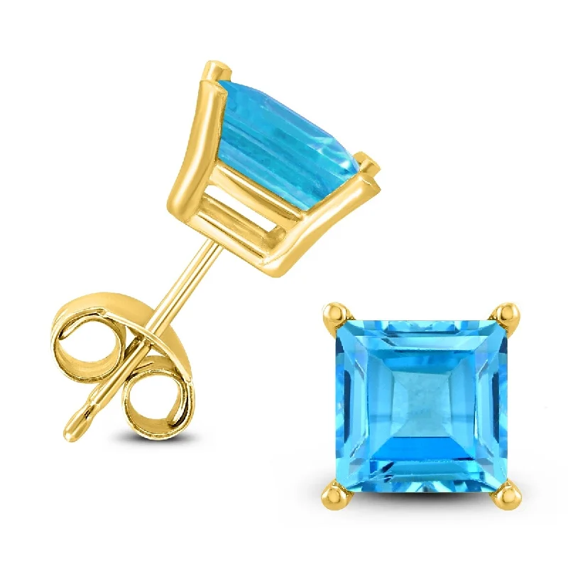 Lattice texture earrings-Marquee 14K Yellow Gold 5MM Square Blue Topaz Earrings