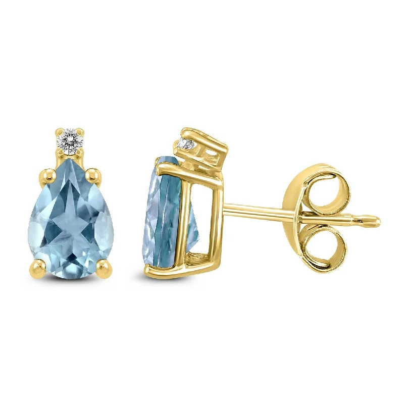 Embossed bar earrings-Marquee 14K Yellow Gold 5x3MM Pear Aquamarine and Diamond Earrings