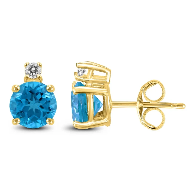 Contrast metal earrings-Marquee 14K Yellow Gold 6MM Round Blue Topaz and Diamond Earrings