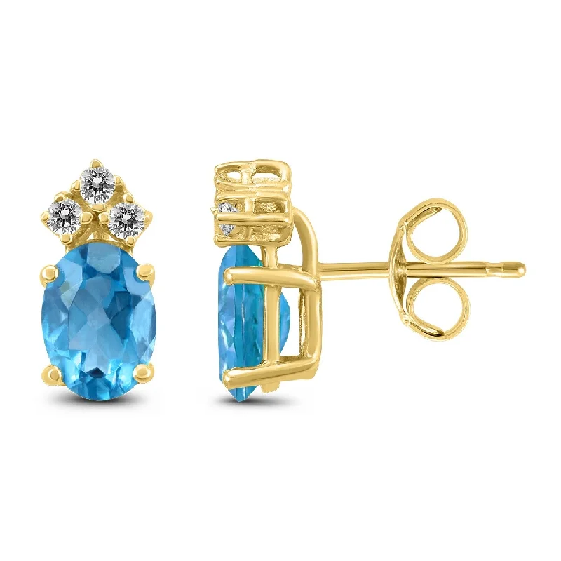 Grid weave earrings-Marquee 14K Yellow Gold 7x5MM Oval Blue Topaz and Diamond Earrings