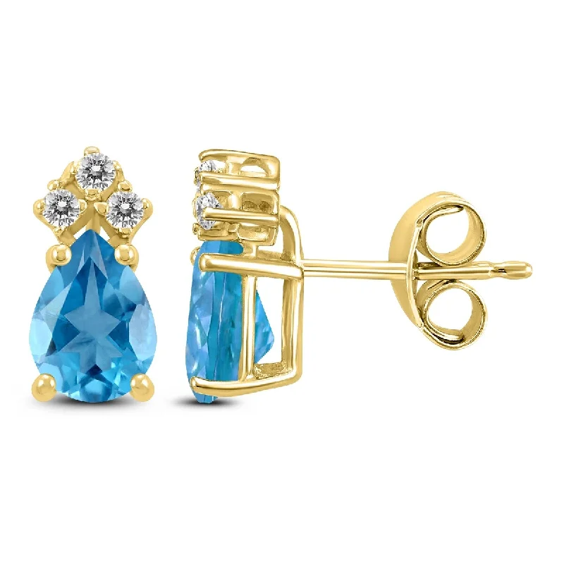 Hexagonal zircon earrings-Marquee 14K Yellow Gold 7x5MM Pear Blue Topaz and Diamond Earrings