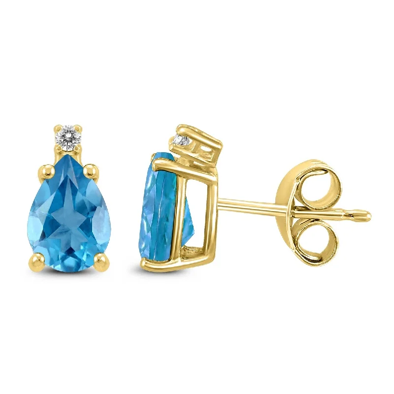 Gothic revival earrings-Marquee 14K Yellow Gold 8x6MM Pear Blue Topaz and Diamond Earrings