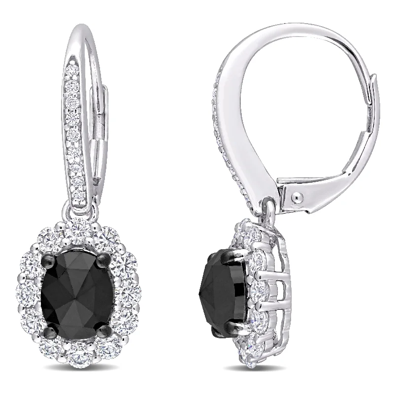 Puzzle code earrings-Miadora 10k White Gold 1 1/2ct TDW Oval Black Diamond and Created Moissanite Halo Drop Earrings