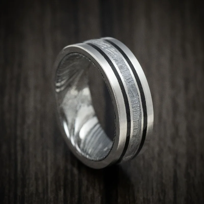 Curved metal ring-Platinum Men's Ring with Meteorite and Dinosaur Bone Inlays and Kuro Damascus Steel Sleeve