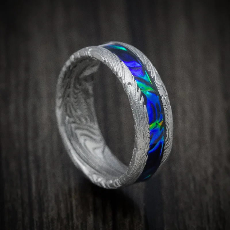 Archaic ring-Sunset Kuro Damascus Steel and Dichrolam Inlay Men's Ring Custom Made Band