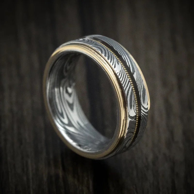 Chestnut husk ring-Sunset Kuro Damascus Steel and Guitar String Men's Ring with Gold Edges Custom Made