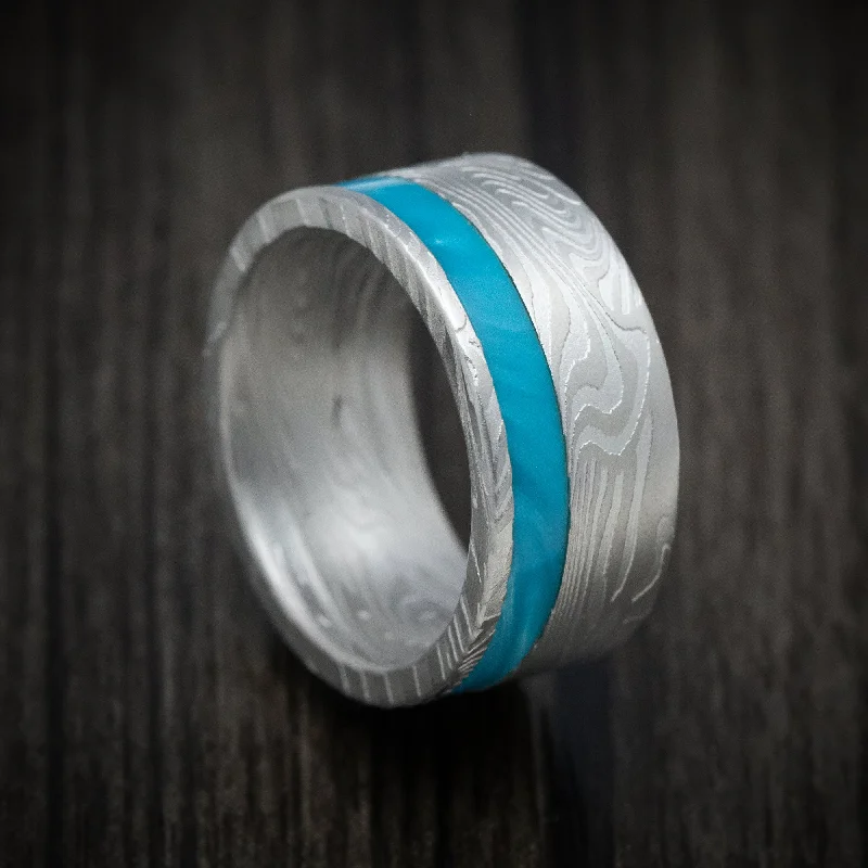 Shifted gem ring-Sunset Kuro Damascus Steel and Juma Inlay Men's Ring Custom Made Band