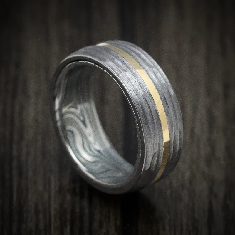 Cluster set ring-Tantalum and 14K Gold Men's Ring with Marble Kuro Damascus Steel Sleeve Custom Band