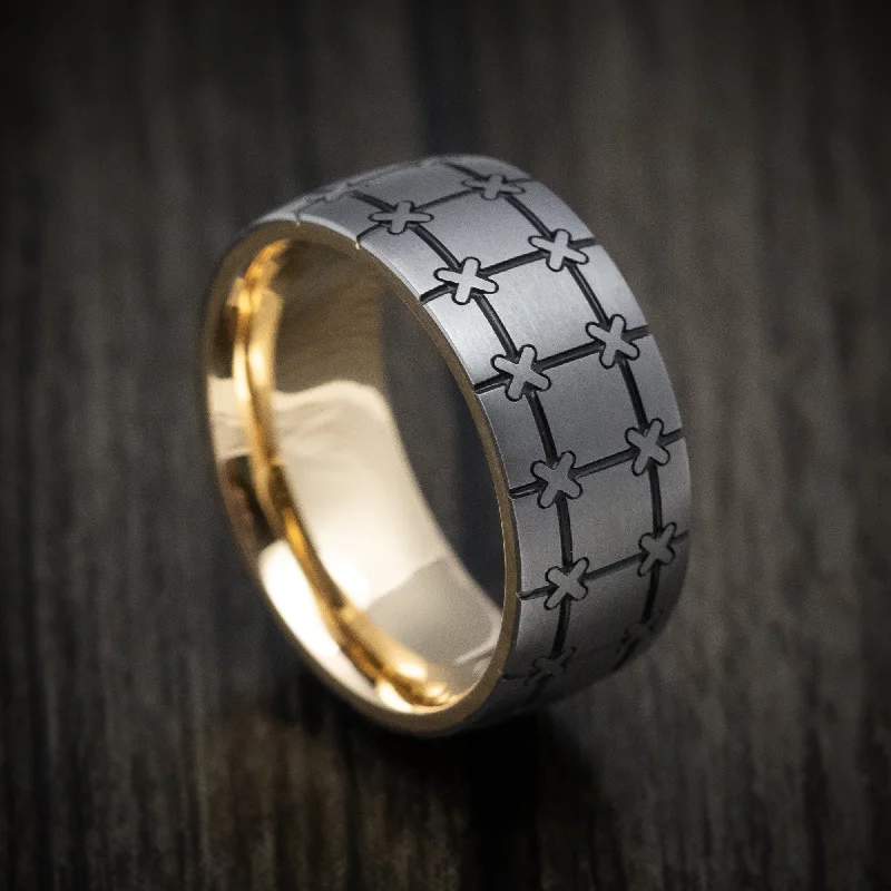 Gill slit ring-Tantalum and Gold Sleeve Geometric Pattern Men's Ring Custom Made Band