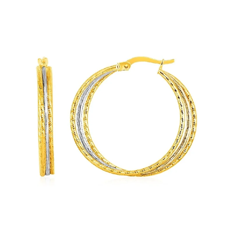 Scored drop earrings-Three Part Textured Hoop Earrings in 14k Yellow and White Gold