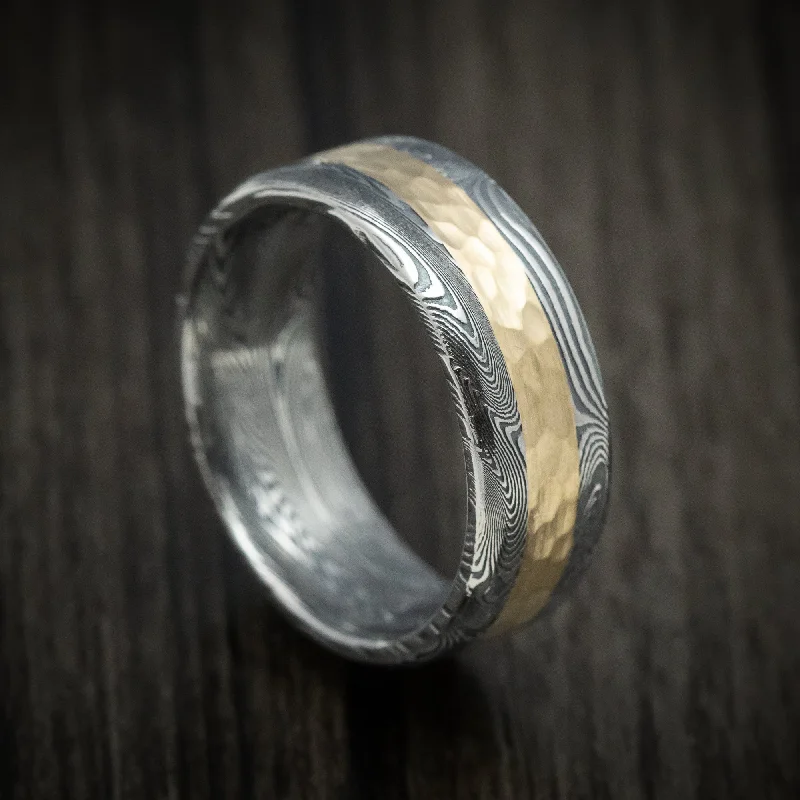 Stencil dye ring-Tightweave Damascus Steel and Gold Men's Ring Custom Made Band