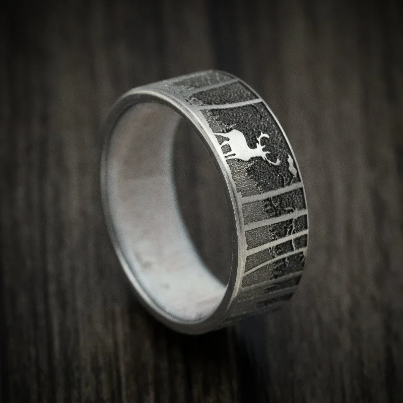 Cyclical spiral ring-Titanium and Antler Men's Ring with Elk Mountain Woods Engraving Custom Made