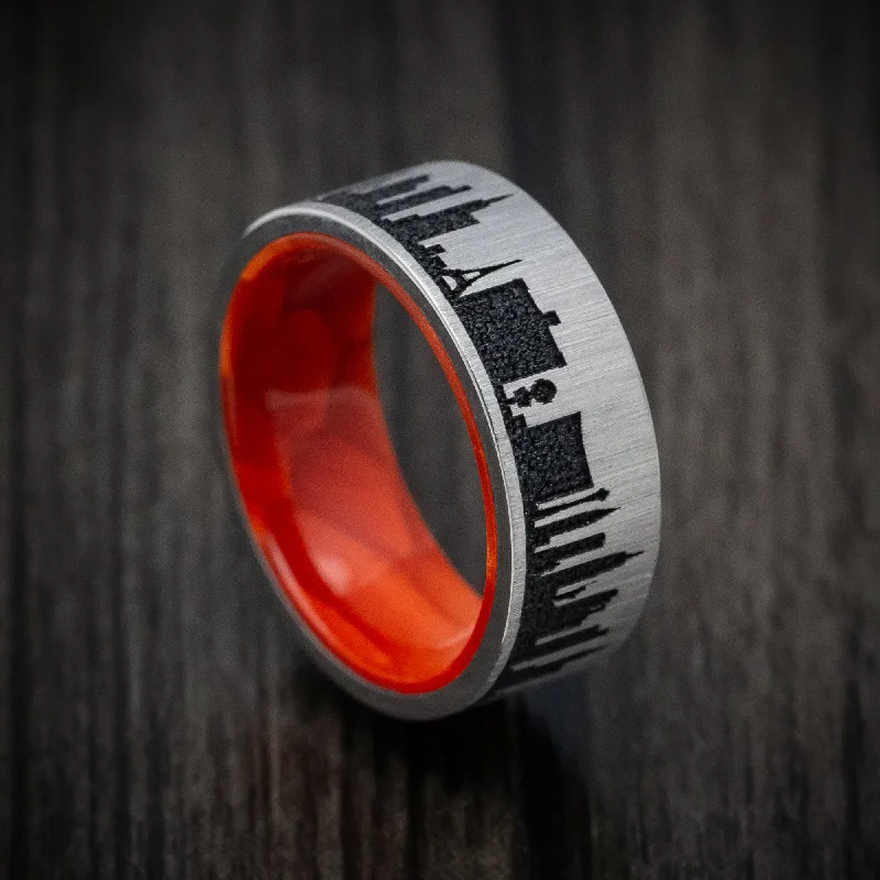 Teardrop design ring-Titanium and Juma Sleeve City Skyline Men's Ring Custom Made Band