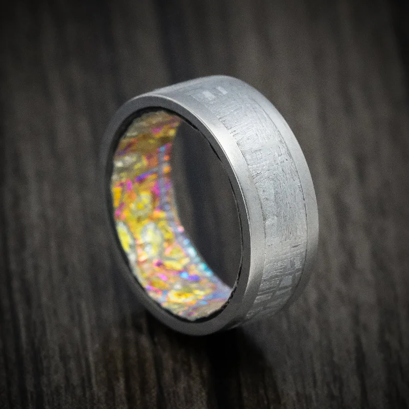 Polished pebble ring-Titanium and Meteorite Band With Dichrolam Sleeve Men's Ring Custom Made Band