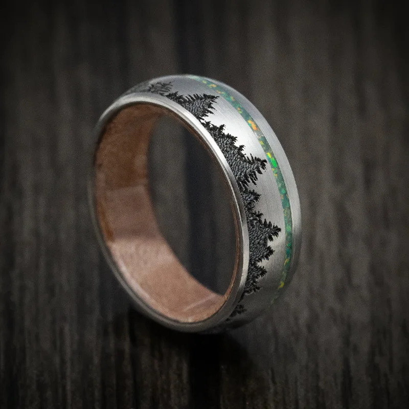 Crowned stone ring-Titanium and Opal Men's Ring with Tree Design and Wood Sleeve Custom Made Band