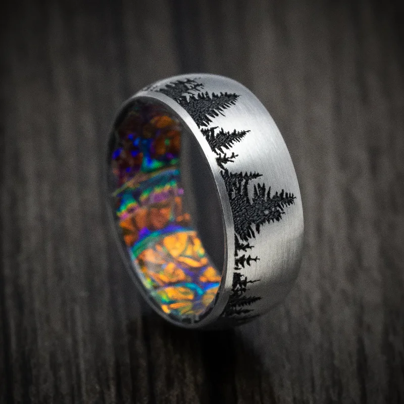 Calla lily ring-Titanium and Spruce Pine Tree Design Band With Dichrolam Sleeve Men's Ring Custom Made Band