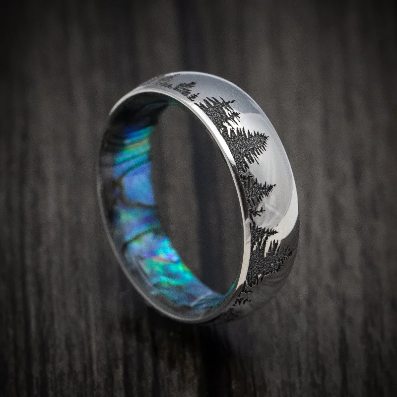 Ash gray ring-Titanium Spruce Pine Trees Men's Ring with Abalone Sleeve Custom Made