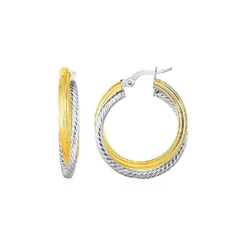 Subtle color earrings-Two Part Textured and Shiny Hoop Earrings in 14k Yellow and White Gold