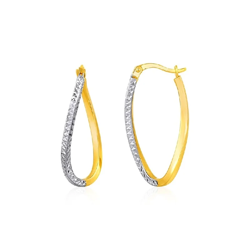 Stamped pattern earrings-Two-Tone Textured Twisted Oval Hoop Earrings in 10k Yellow and White Gold