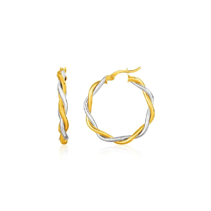 Beech grain earrings-Two-Tone Twisted Wire Round Hoop Earrings in 10k Yellow and White Gold