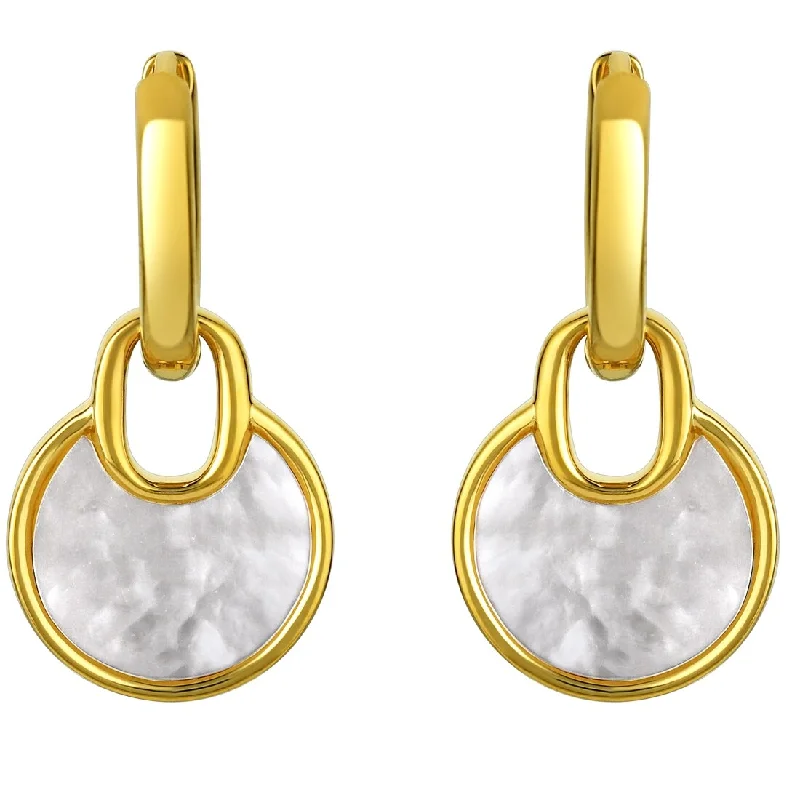 Micro pave earrings-Yellow-Tone Sterling Silver Mother of Pearl Circle Earrings