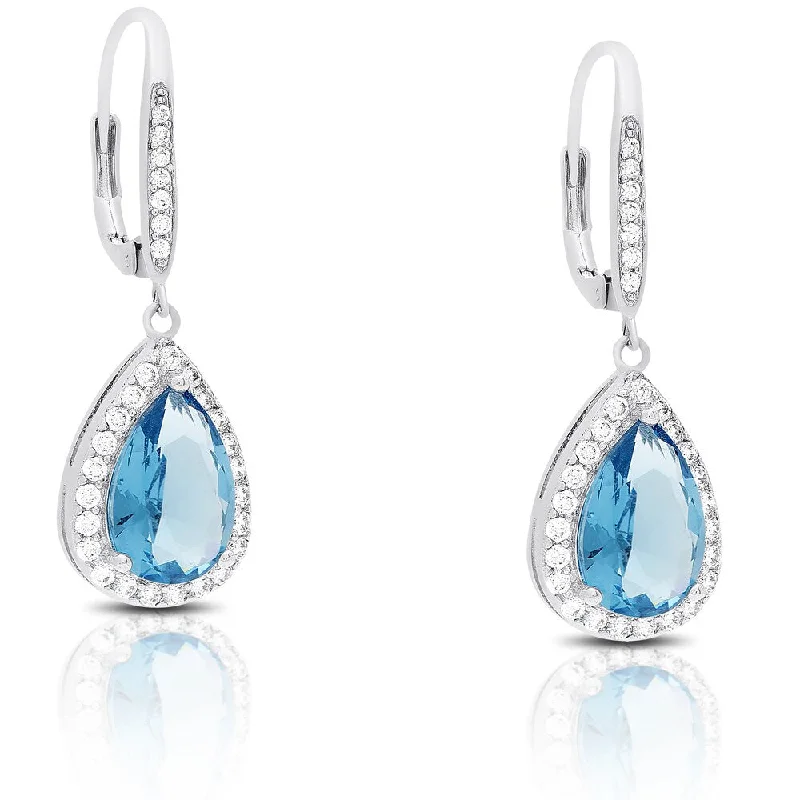 Porcelain stud earrings-Dolce Giavonna Silver Overlay Cubic Zirconia and Simulated Blue Topaz Teardrop Dangle Earrings