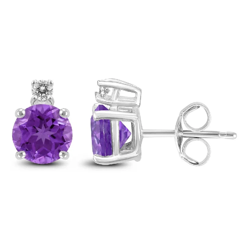 Ripple stripe earrings-Marquee 14K White Gold 5MM Round Amethyst and Diamond Earrings