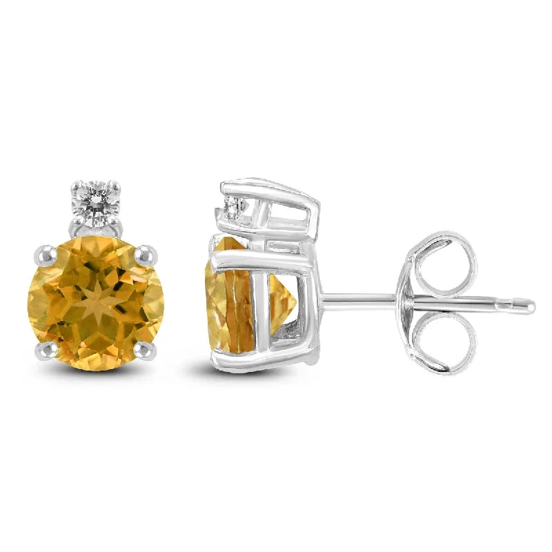 Shoreline wave earrings-Marquee 14K White Gold 5MM Round Citrine and Diamond Earrings