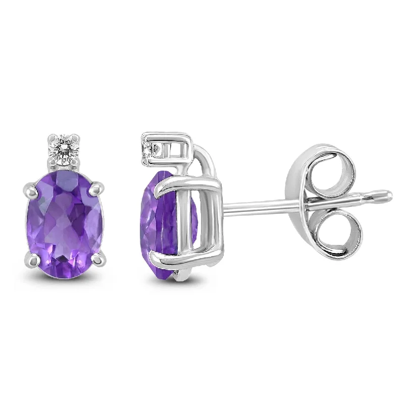 Tarnished finish earrings-Marquee 14K White Gold 6x4MM Oval Amethyst and Diamond Earrings