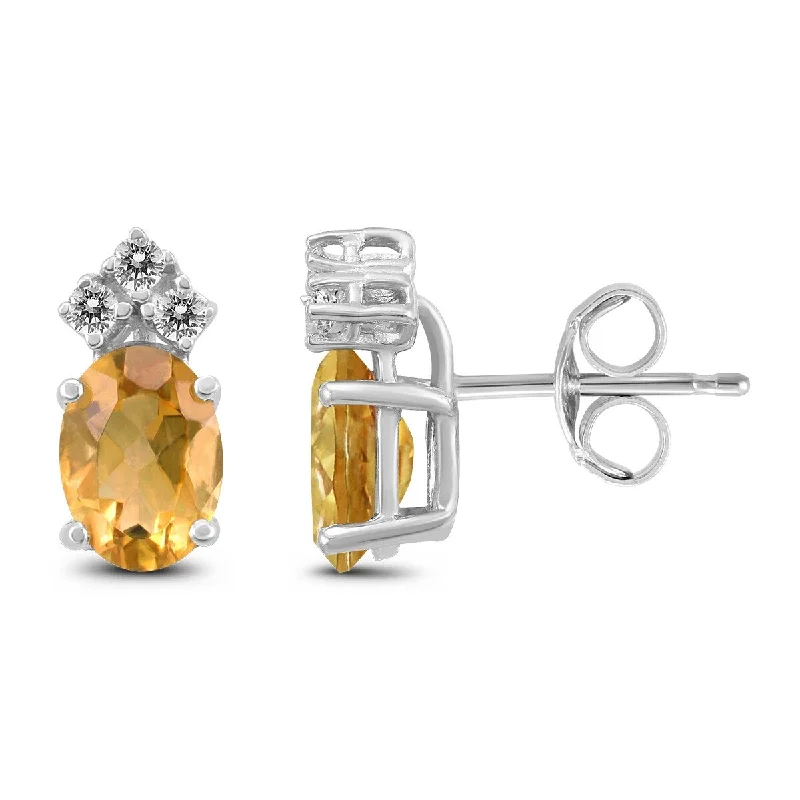 Knit stripe earrings-Marquee 14K White Gold 8x6MM Oval Citrine and Diamond Earrings