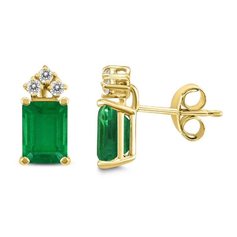 Vaulted stud earrings-Marquee 14K Yellow Gold 5x3MM Emerald Shaped Emerald and Diamond Earrings