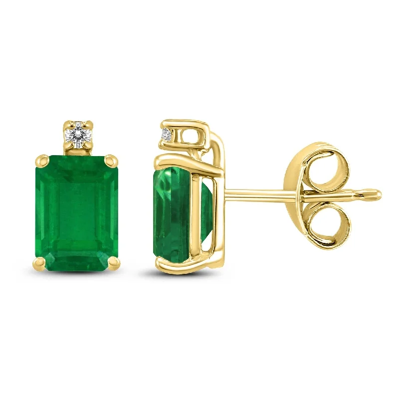 Chalk speck earrings-Marquee 14K Yellow Gold 6x4MM Emerald Shaped Emerald and Diamond Earrings