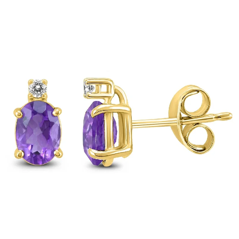 Grooved edge earrings-Marquee 14K Yellow Gold 6x4MM Oval Amethyst and Diamond Earrings