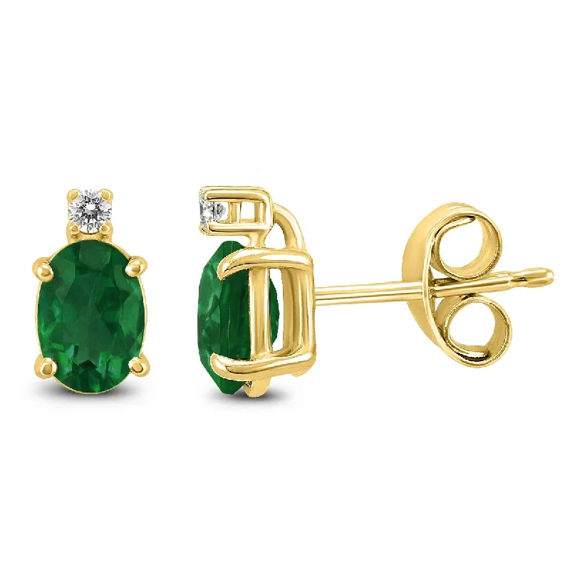 Gill slit earrings-Marquee 14K Yellow Gold 6x4MM Oval Emerald and Diamond Earrings