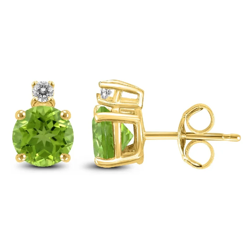 Prismatic light earrings-Marquee 14K Yellow Gold 7MM Round Peridot and Diamond Earrings